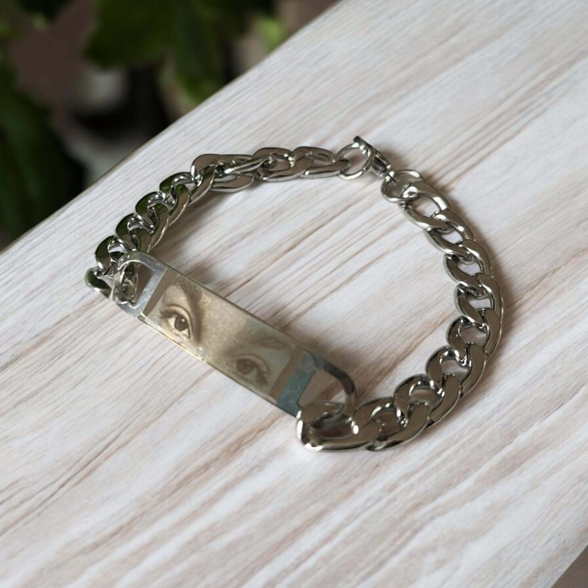 Pulsera rectangular de acero plateada personalizada con foto de mirada - Imagen 2